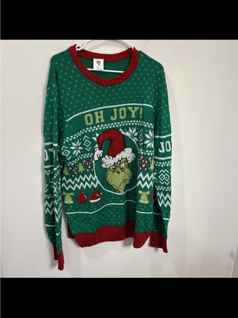 Dr. Seuss Green Grinch 'Oh Joy' Crewneck Sweater with Red Trim